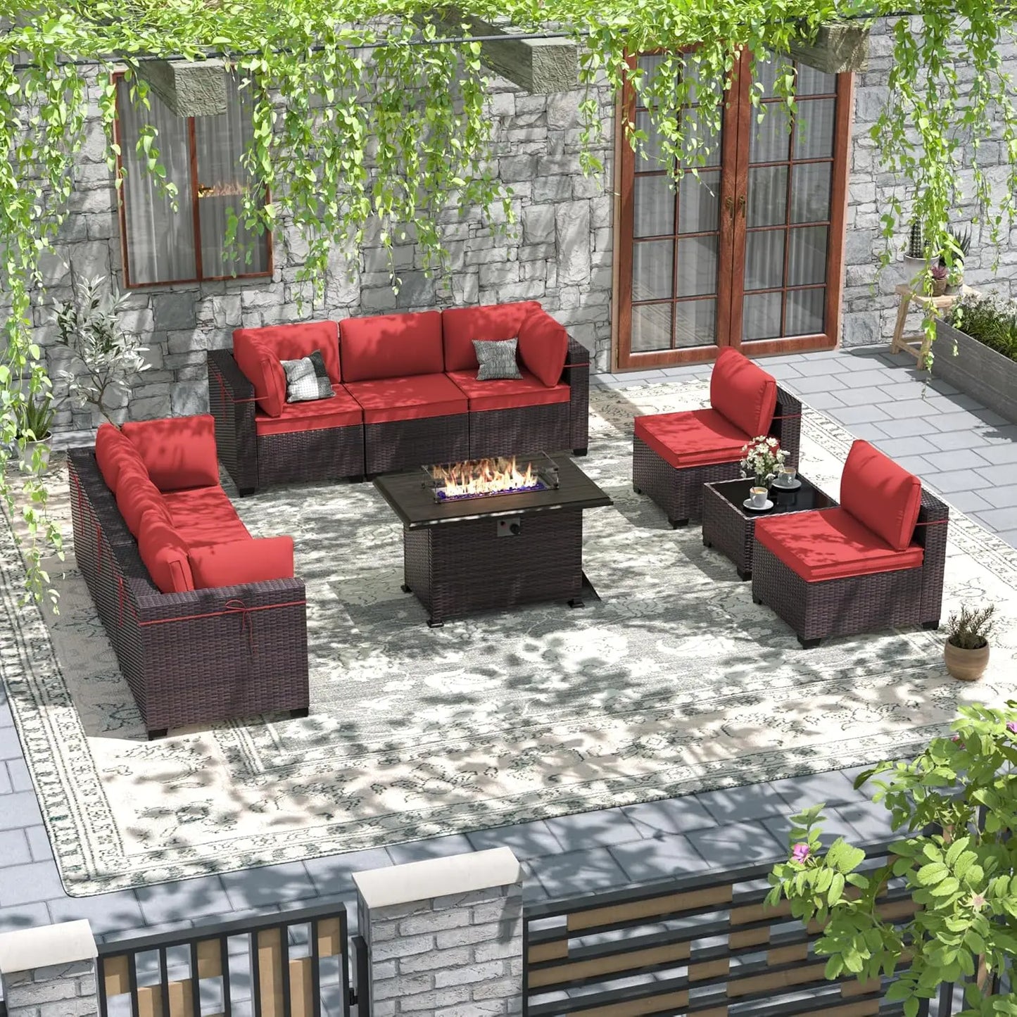 Patio Furniture Modularwith Swivel Chairs Outdoor Sectional Wicker Rattan w/Fire Pit Conversation Sofa Set for Backyard