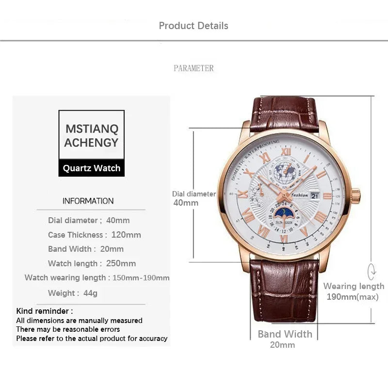 Luxury Man Watch Waterproof Chronograph Moon Phase Pattern Luminous Men's Wristwatch Leather Men Quartz Watches Casual Clock