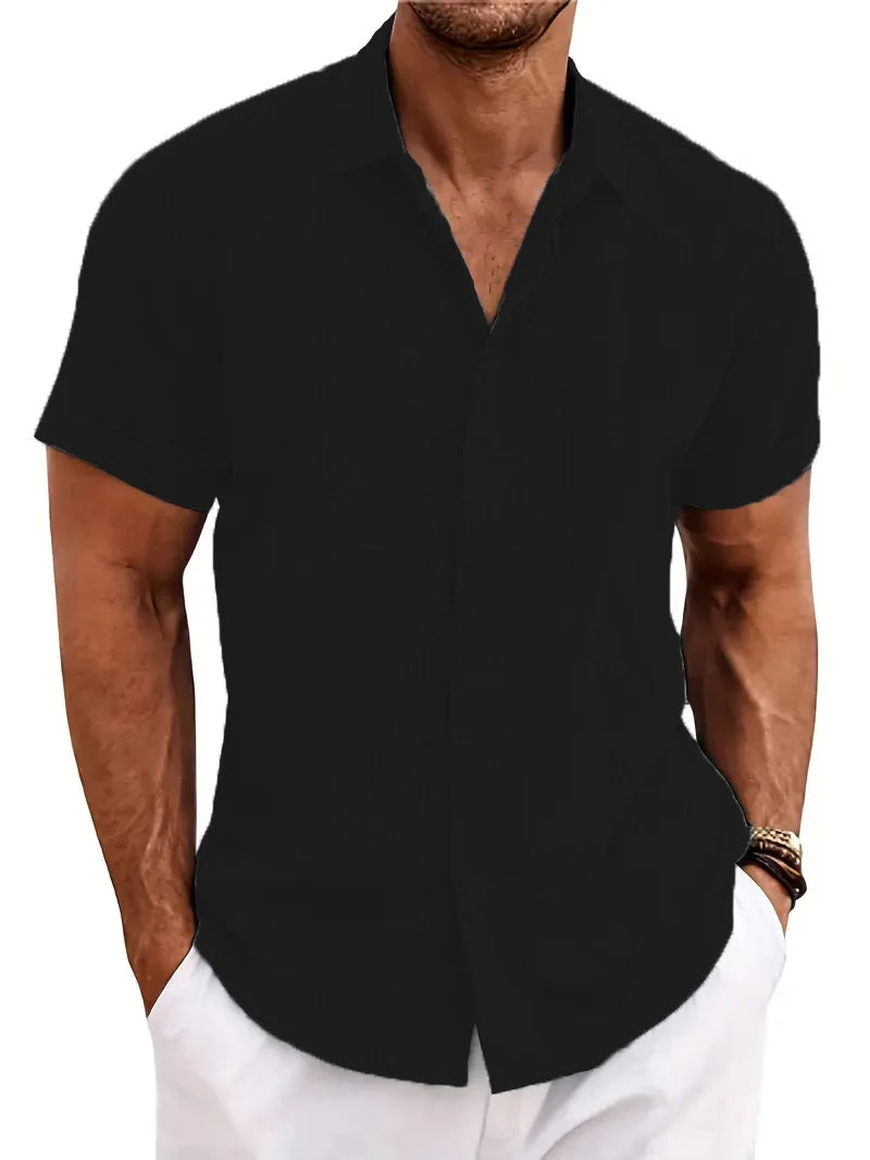 Summer Casual Men's Short-sleeved shirt fashion European style daily street outdoor beach lapel cardigan cool Solid color Tops