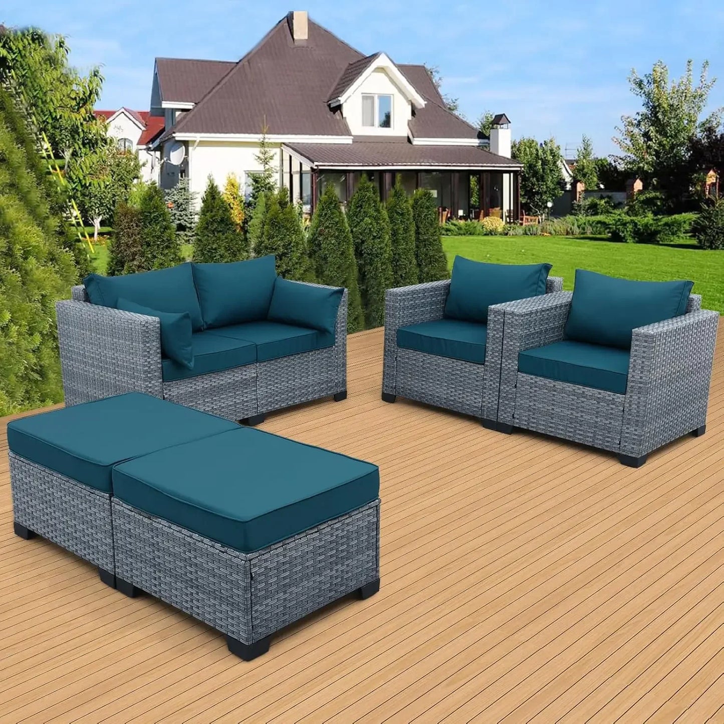 5PCS Patio Furniture Set, Outdoor Wicker Conversation Set w/ Ottomans, All-Weather PE Rattan Love Seat & Chair Set w/ Cushions
