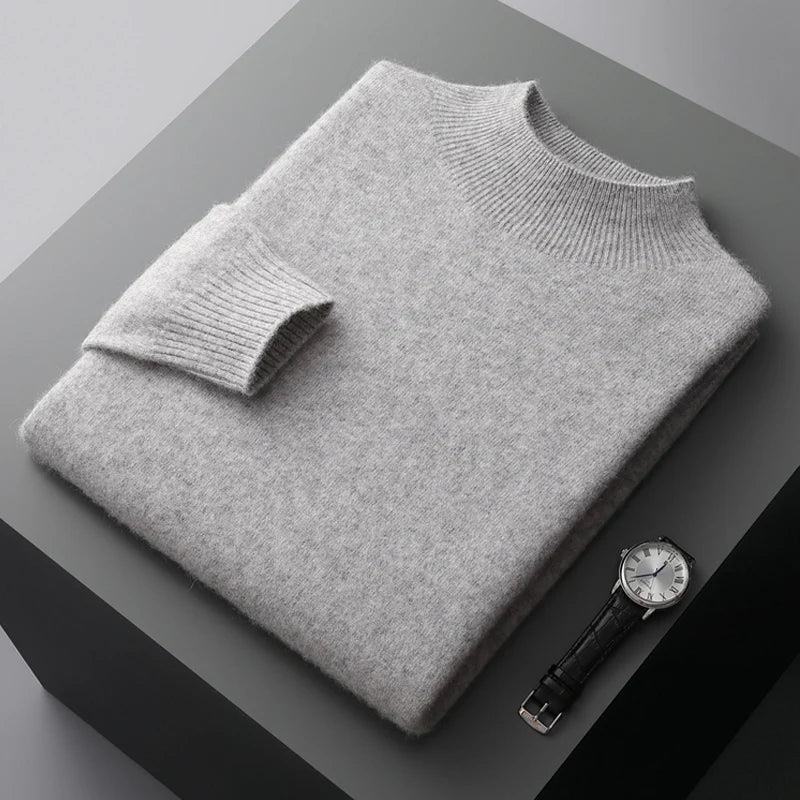New Men's 100% Merino Wool Mock Neck Pullover Cashmere Sweater Soft Warm Jumpers Quality Casual Smart Knitwear Basic Tops Clothi