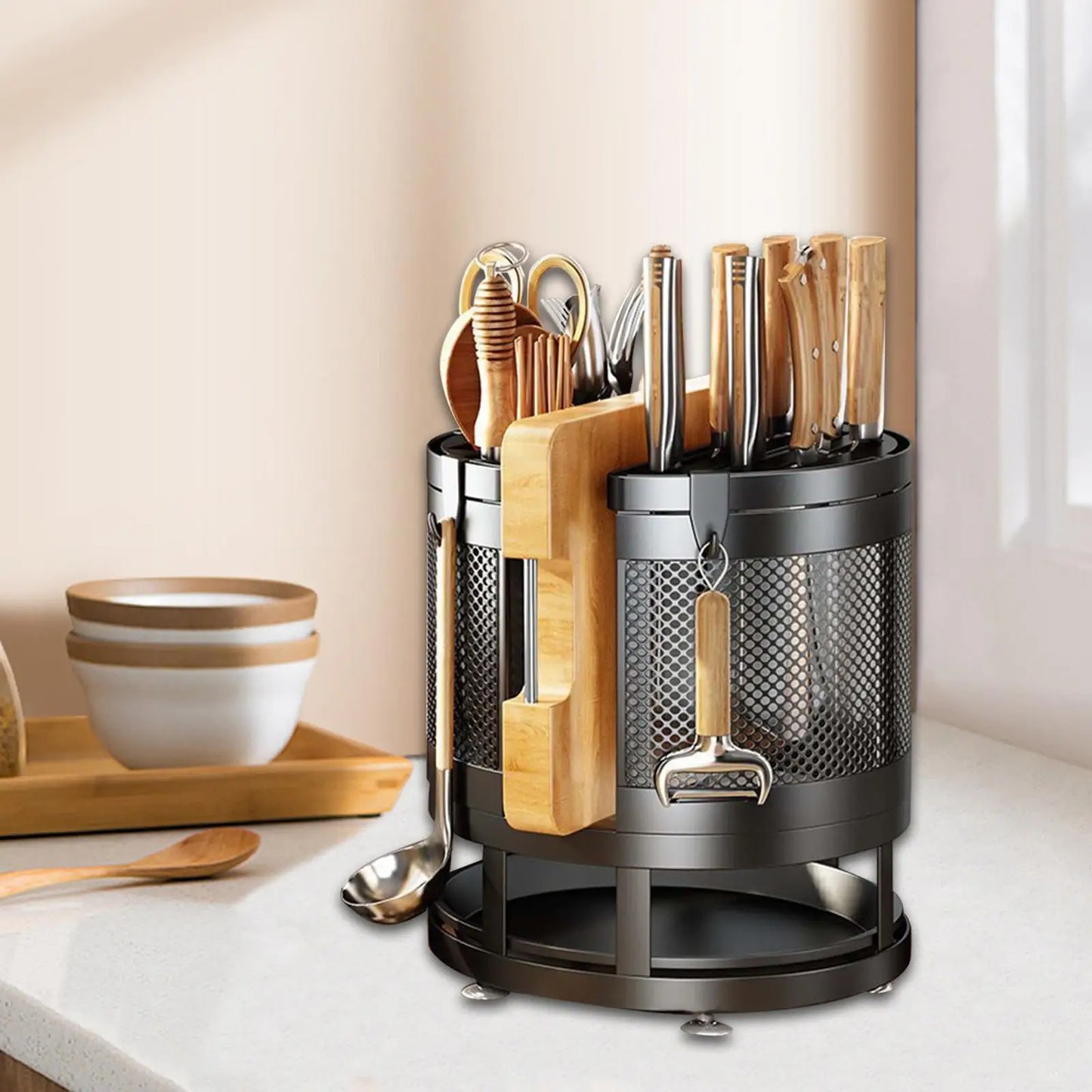 Kitchen Utensils Holder Rotating Kitchen Accessories Modern Countertop Freestanding Knife Holder Drying Rack Flatware Organizer