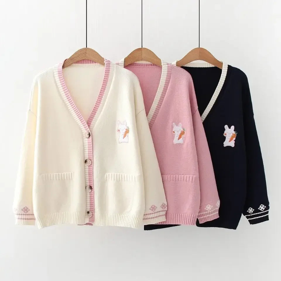Korobov Korean Sweet Chic Women Sweaters Japanese V Neck Long Sleeve Cute Cardigans 2025 New Embroidery Cardigan