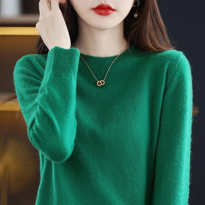100% pure wool cashmere sweater women's O-neck pullover casual knit top autumn and winter women's coat Korean fashion