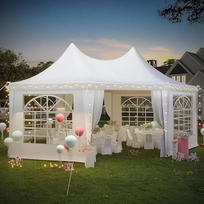 Party Tent, White Wedding Tent, Decagonal Heavy Duty Canopy with 8 Removable Sidewalls, 8 Church Windows and 2 Pull-Back Doors