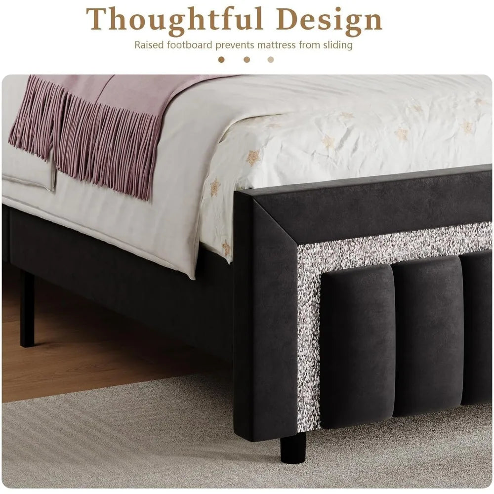 Twin Bed Frame,Upholstered Bed Frame with Diamond Headboard and Footboard for Girls, Velvet Vertical Channel Tufted Headboard