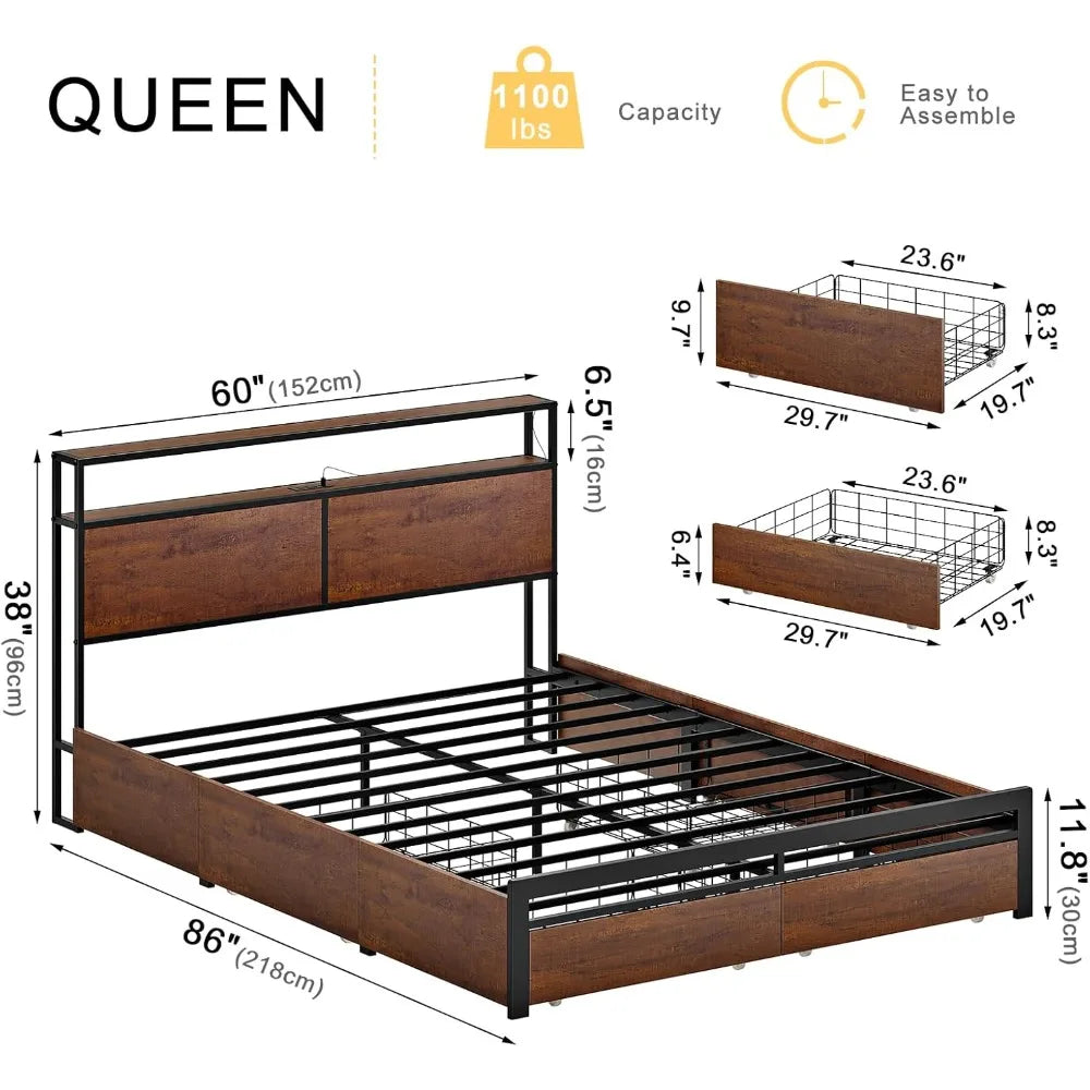 Bed Frame with Storage Headboard and 4 Drawers Bed Frame Size with Charging Station LED Lights Metal Platform Non-Sl