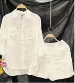 Casual Cotton And Linen Women Shirt Short Two Piece Sets Solid Color Loose Short Sleeve Top Shorts Fashion Suit Tracksuit Summer