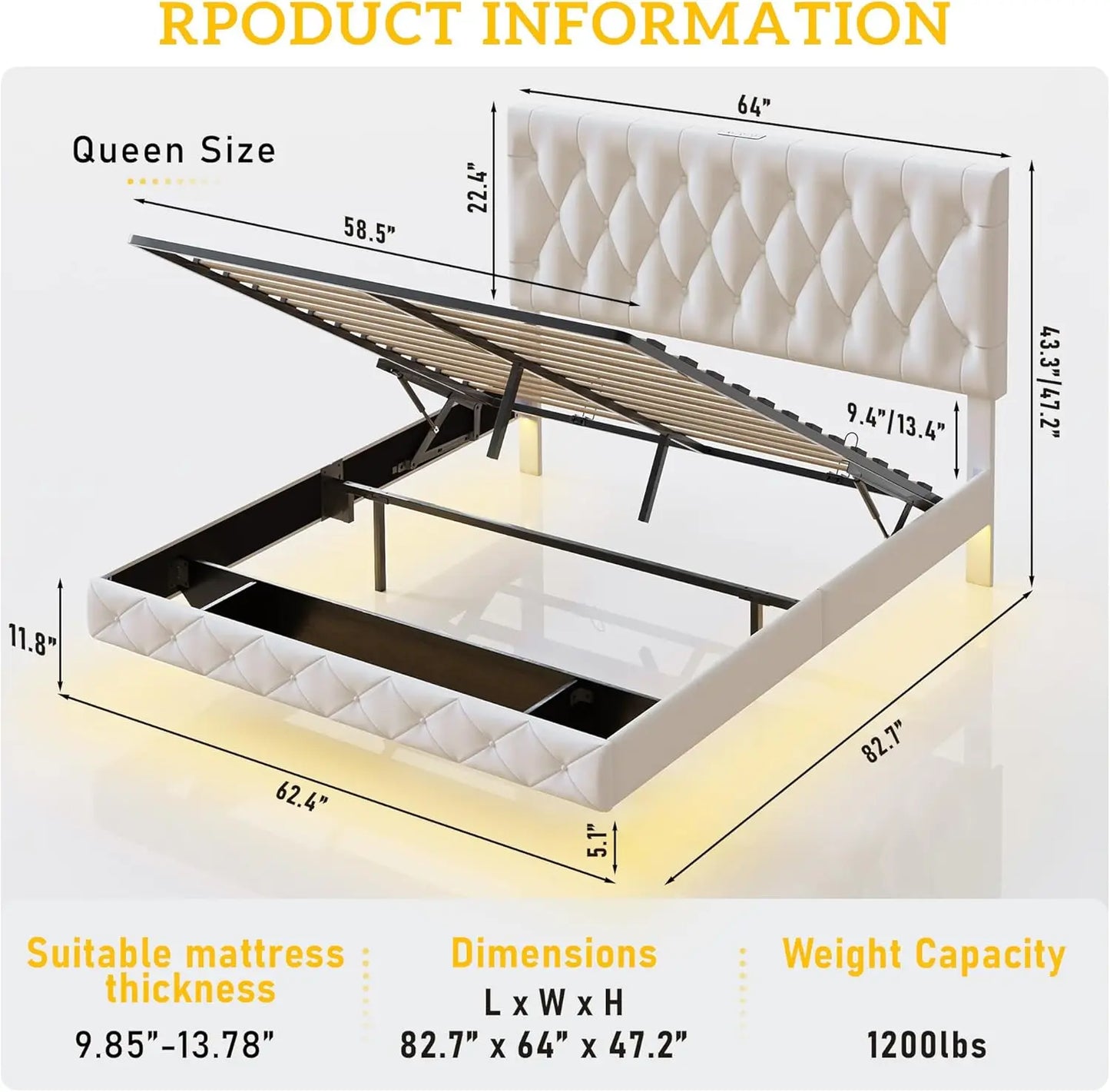 Lift Up Storage Bed Frame Queen Size Floating Bed Frame With Adjustable Headboard/Led Lights/Charging Station/Outlet,Velvet