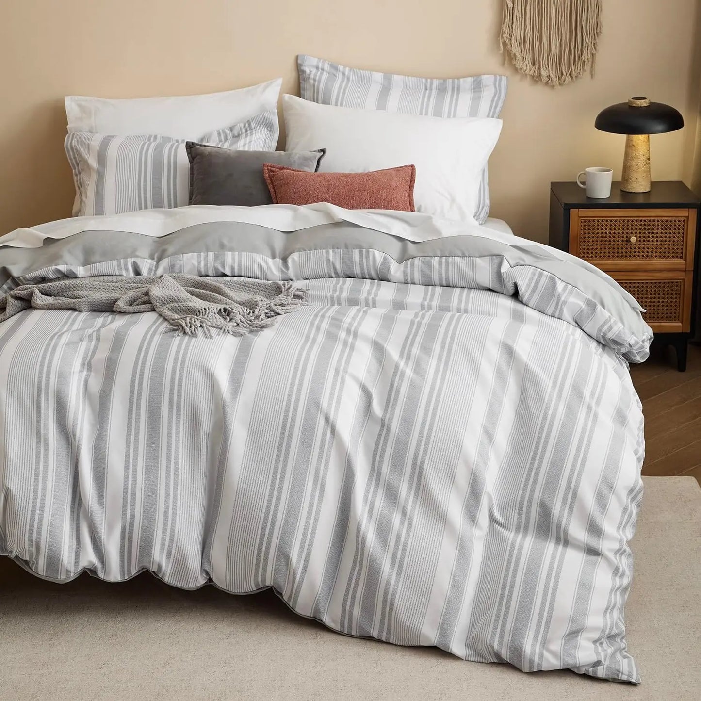 Bedsure Duvet Cover Queen Size - Reversible Striped Duvet Cover Set with Zipper Closure, Grey Bedding Set