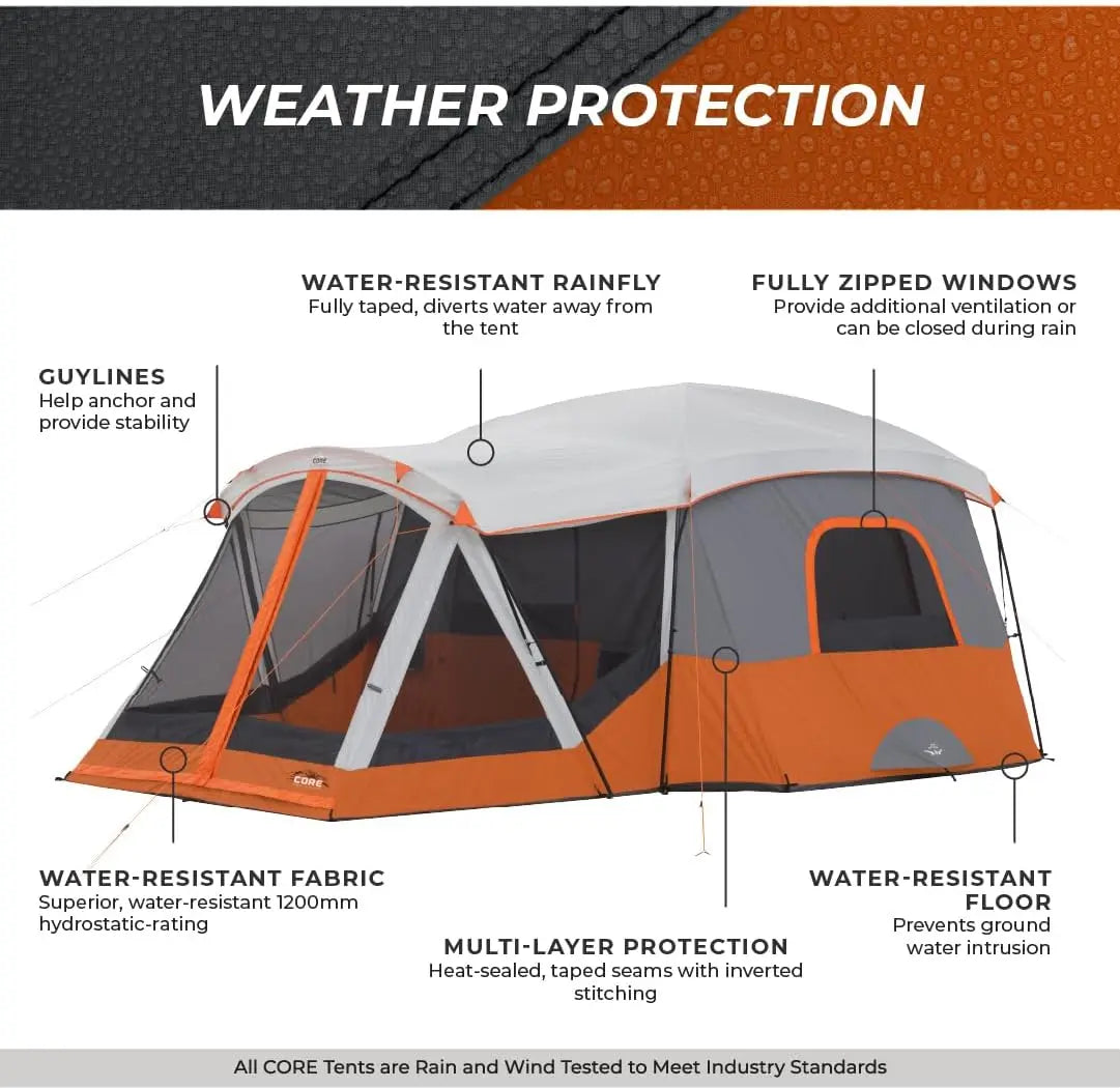 CORE 11-person family cabin tent with screen room, multiple rooms, storage pockets, and portable carry bag for outdoor camping.