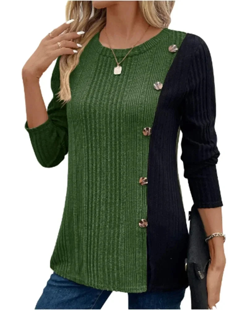 Women's Round Neck Long Sleeved Color Blocked Button T-shirt Daily Office Casual Comfortable Autumn Top