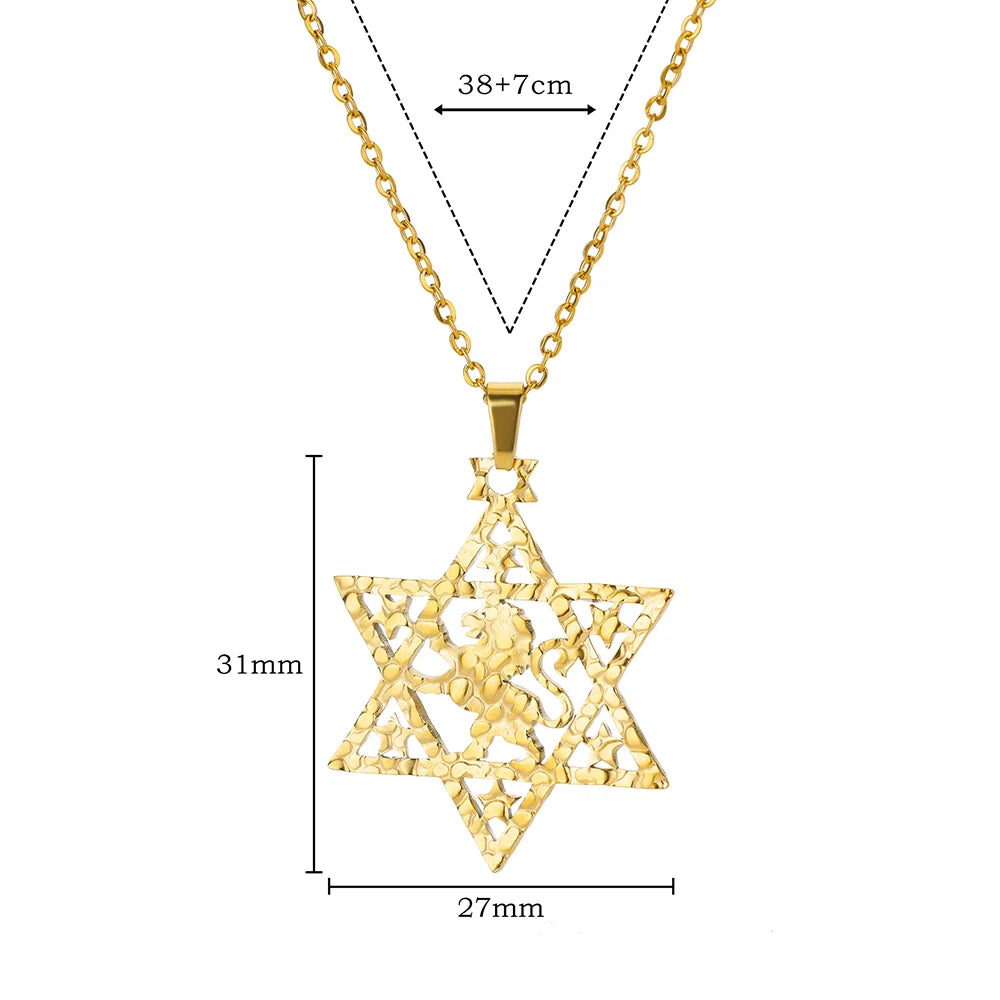 Lion Star of David Necklaces For Women Men Gold Color Stainless Steel Pendant Necklace Male Female Neck Chain Jewelry
