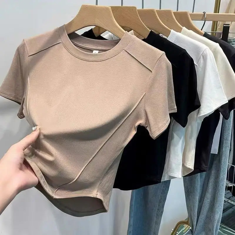 Solid color round Tops neck short sleeved slim fit T-shirt for women 2025 summer new western-style short shoulder shirt T-Shirt