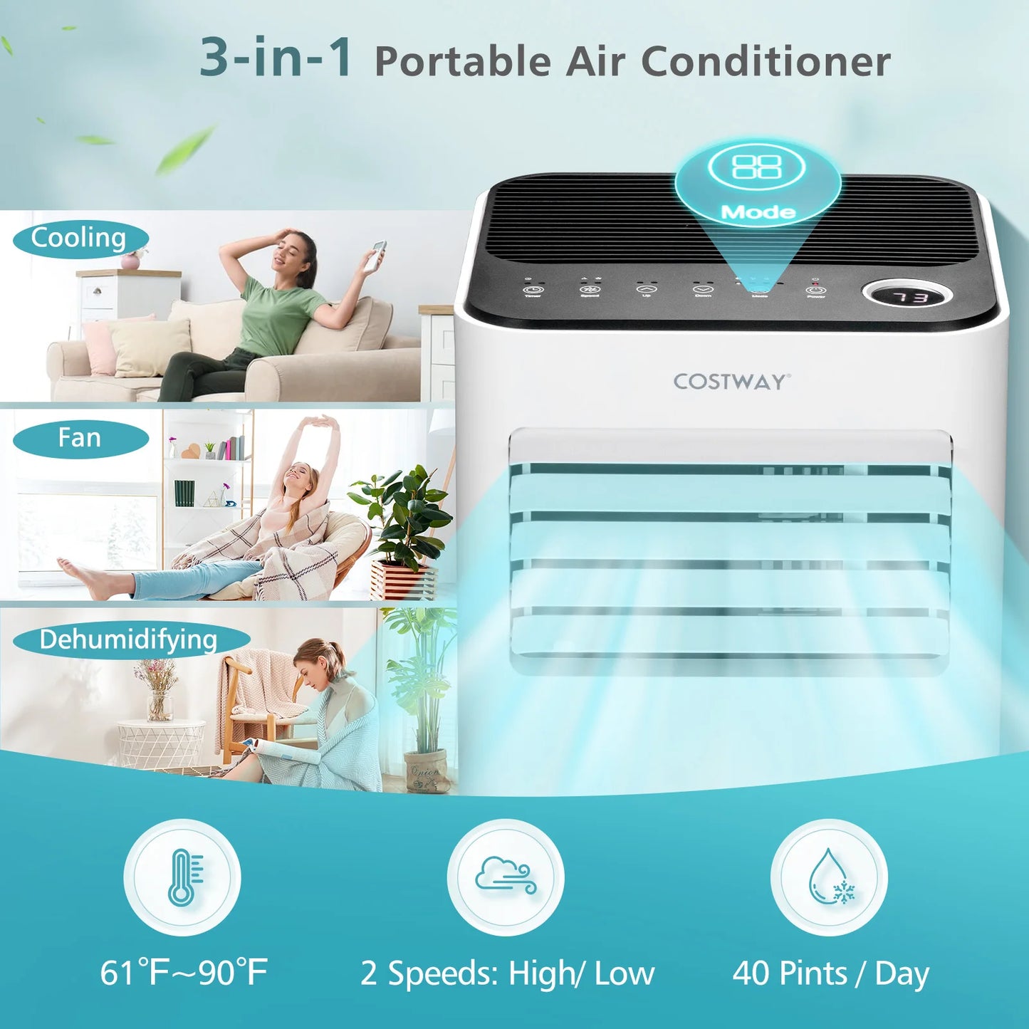 8000 BTU Portable Air Conditioner 3-in-1 Air Cooler with Fan Dehum Sleep Mode