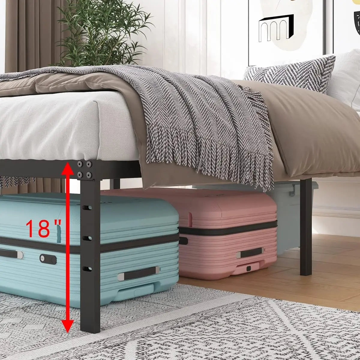 18 Inch Metal Bed Frame Queen Size - Black Basic Steel Slats Platform,  Heavy Duty Noise Free Bedframes, No Box Spring Needed