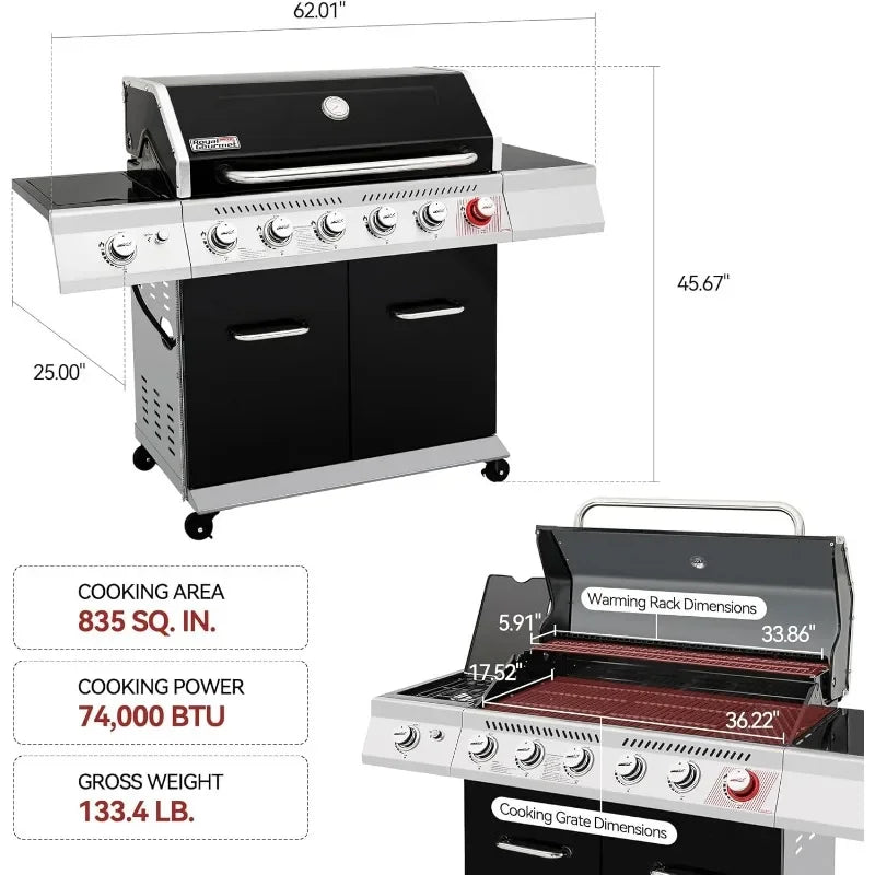Royal Gourmet GA6402H 6-Burner Propane Gas Grill with Sear Burner and Side Burner, 74,000 BTUs, Cabinet Style Outdoor BBQ Grill
