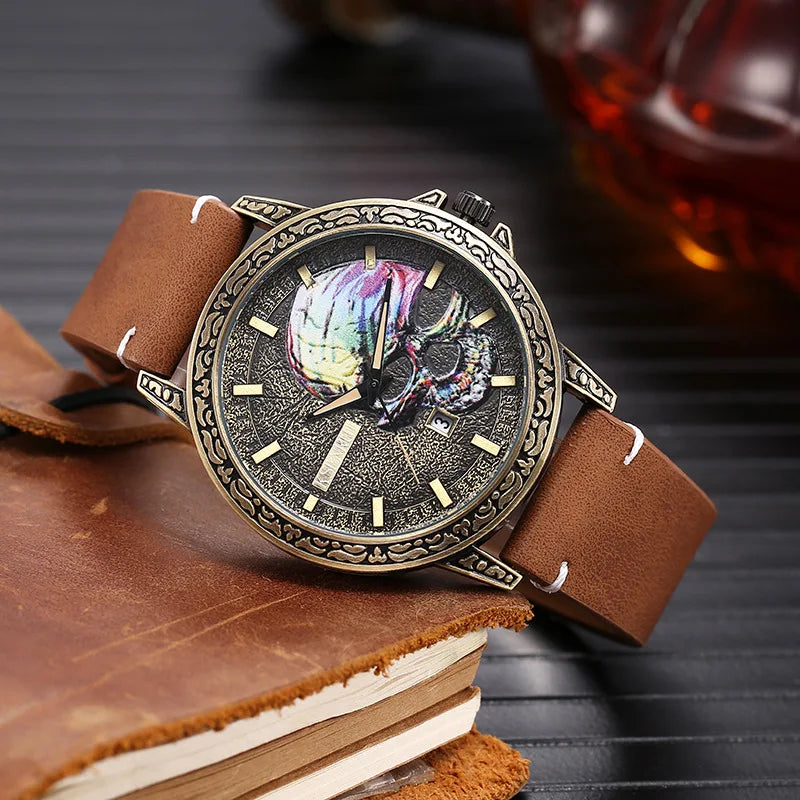 UTHAI BK149 Antique Bronze Colorful Skull Head Retro Men's Watch Casual Fashion Cool Calendar Waterproof Quartz Watch