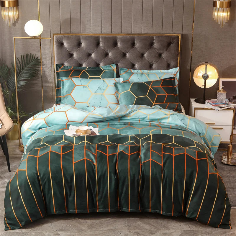 3Pcs Green Comforter Set Twin/Full/Queen/King/Single/Double Size, Geometric Bedding Sets for Man Woman, Marble Duvet Cover