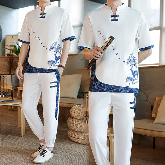 Shirts + Pants summer Cotton linen shorts sleeve shirts Men's Casual Sets Male Fashion trousers and shirts men size M-4XL TZ020