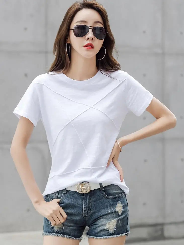 AOSSVIAO Summer Slim Cotton Bamboo T-Shirts Women 2024 O-Neck Short Sleeve Ribbed Tshirts Female Casual Solid Color Tops