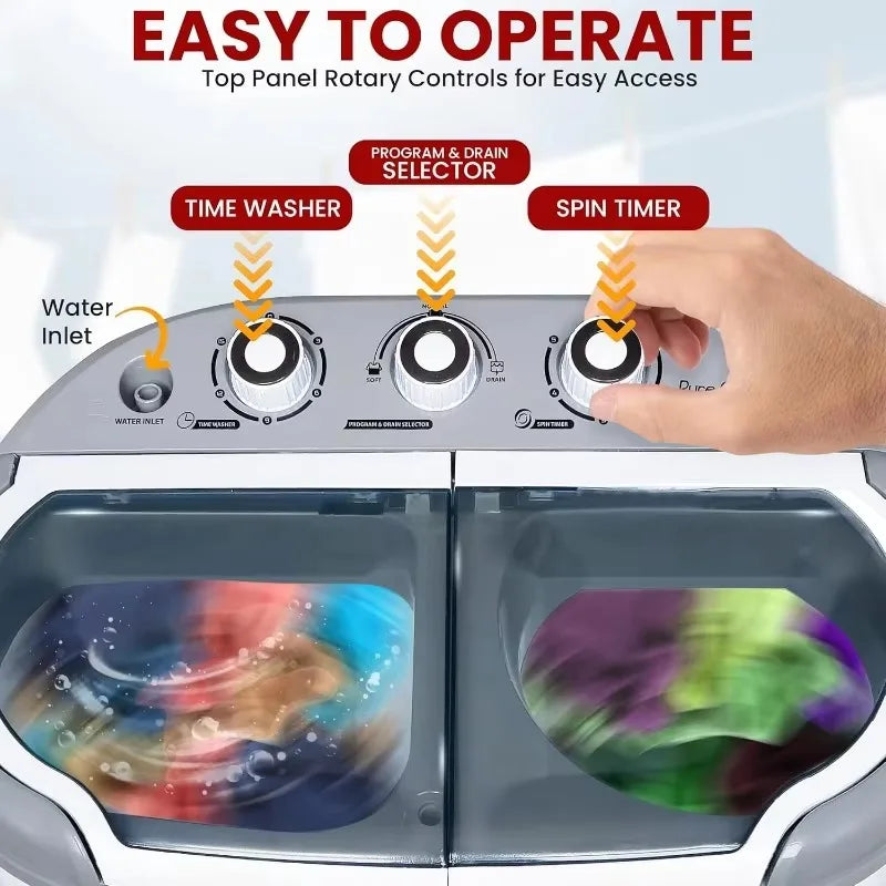 Compact Home Washer & Dryer, 2 in 1 Portable Mini Washing Machine, Twin Tubs, 11lbs. Capacity, 110V, Spin Cycle w/Hose