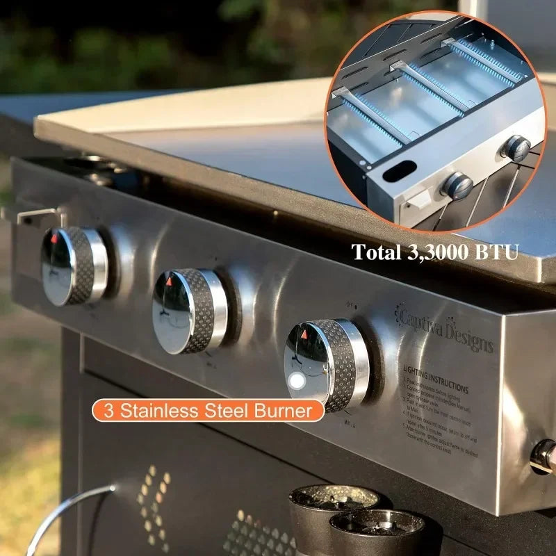 Flat Top Gas Griddle Grill with Lid 3-Burner Propane BBQ Grill Outdoor Cooking Station, Can Be Converted Into Table Top Griddle