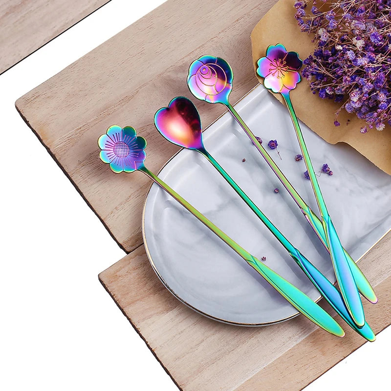 4Pcs/Set Small Flower Teaspoon Stainless Steel Coffee Spoon Cute Ice Cream Dessert Cake Scoop Gift Cutlery