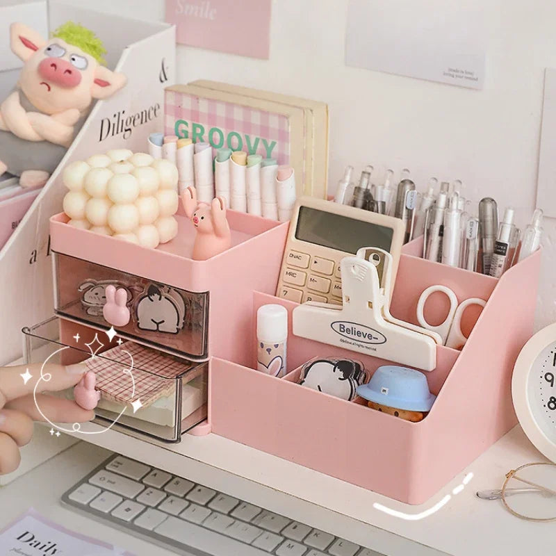 Desktop Cosmetic Storage Box with Drawers And Pen Holder Office Desk Organizer Stationery Rack for Desktop Organization