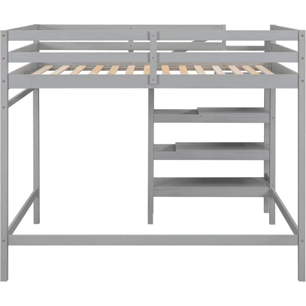 Loft Bed,Full Size Loft Bed with Storage Staircase and Hanger for Clothes, High Loft Bed Frame for Kids Teens Girls Boys Bedroom