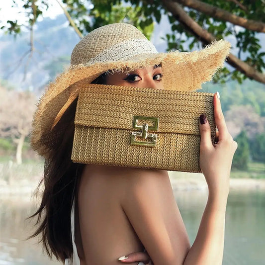 Foldable Women Clutch Bag Envelope Shape Portable Bohemian Style Clutch Double-layer Straw Braided Summer Beach Vacation Handbag