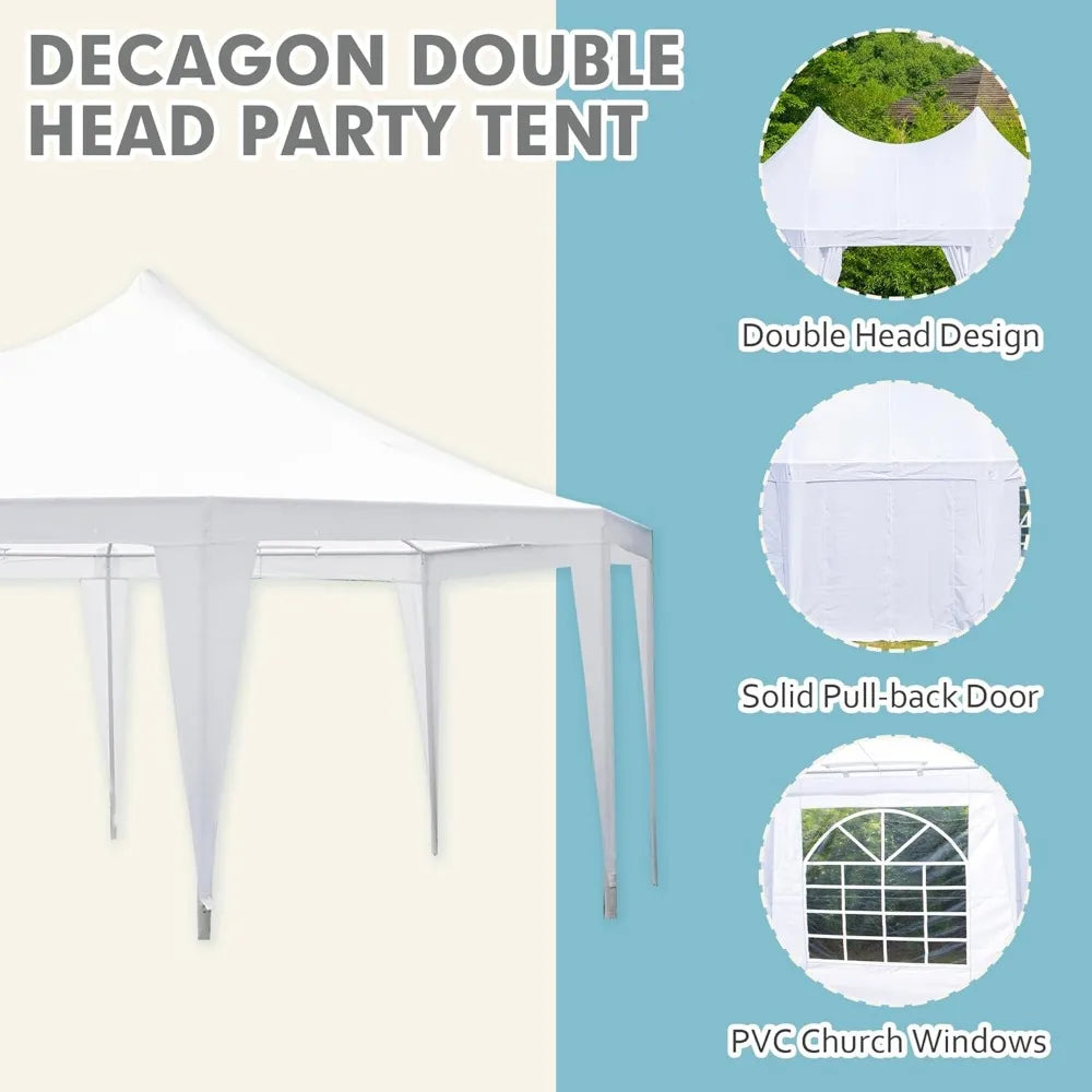 Party Tent, White Wedding Tent, Decagonal Heavy Duty Canopy with 8 Removable Sidewalls, 8 Church Windows and 2 Pull-Back Doors