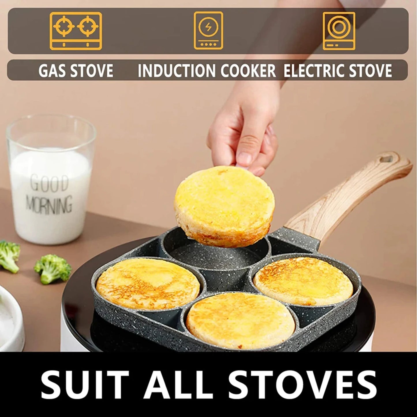 Nonstick Egg Frying Pan with 4-Hole Design for Perfect Pancakes, Burgers, and Ham Cooking - Suitable for Gas Stove and Induction