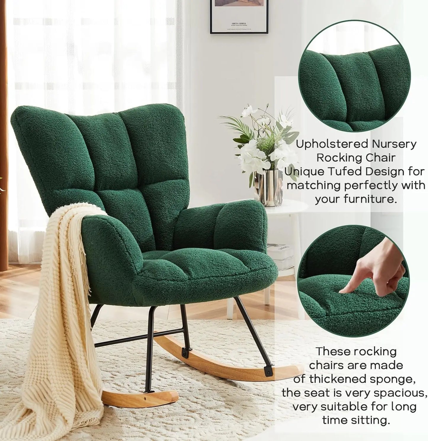 Modern Nursery Rocking Chair, Upholstered Glider Chair with High Backrest, Rocker Accent Armchair with Solid Wood Legs