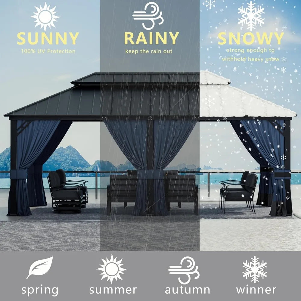 12x20ft Hardtop Gazebo Double Roof, Outdoor Pavilion with 2-Layer Hard top Galvanized Iron Frame Garden Tent