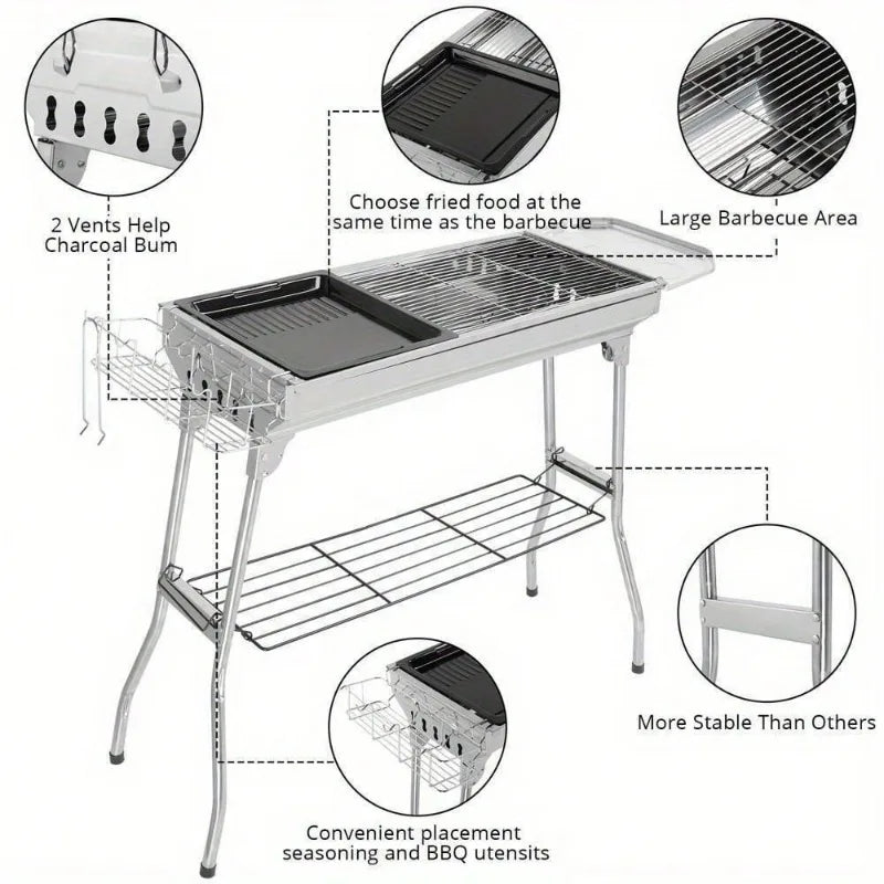 Portable Charcoal Grill, Stainless Steel with Foldable Stand Adjustable Vents, Garden Backyard Party Picnic Travel Outdoor Use