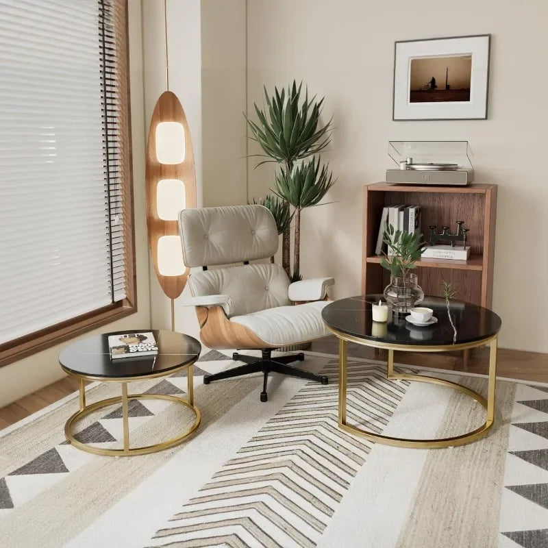 Nesting Tables Set of 2, 31.5" Round Coffee Table, Small Nesting Coffee Table with Adjustable Non-Slip Fee, Black Marble Top