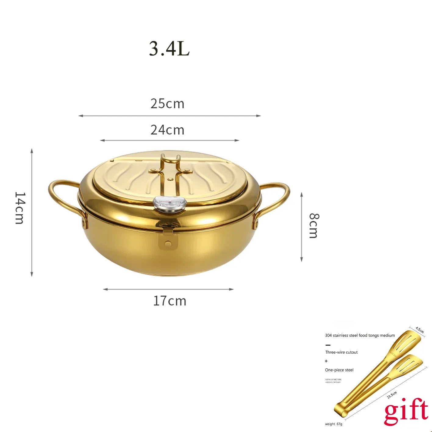 304 Stainless Steel Pan ,Tempura Fryer Pan, Japanese Deep Frying Pot with a Thermometer and a Lid， cookware ，20 /24 /28cm