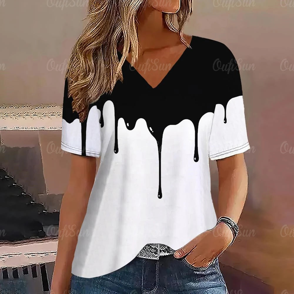 Gradient V Neck Short Sleeve T-Shirt Fashion Women T Shirt Print Basic Tops Streetwear Summer Oversized Clothing Female T-Shirts