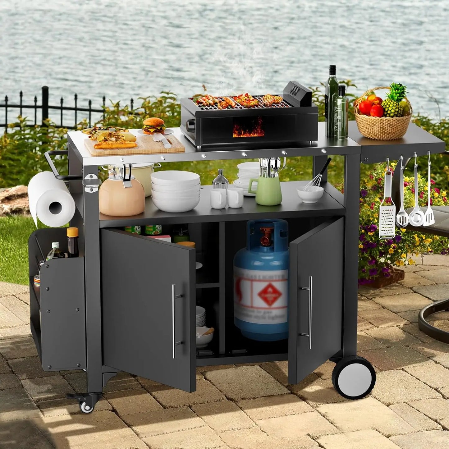 Grill Cart with Storage,Patio Kitchen Island with WheelsHooks and Spice Rack,Waterproof Outdoor Grill Table,Movable BBQ Serving