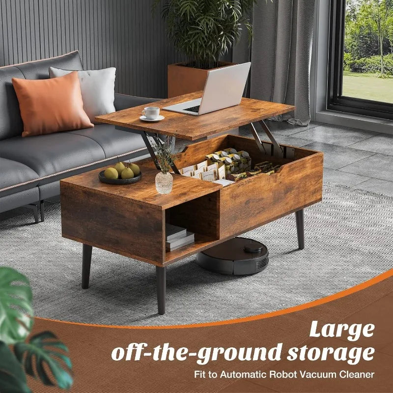 Coffee table, living room lift coffee table with storage shelf and hidden compartment, brown