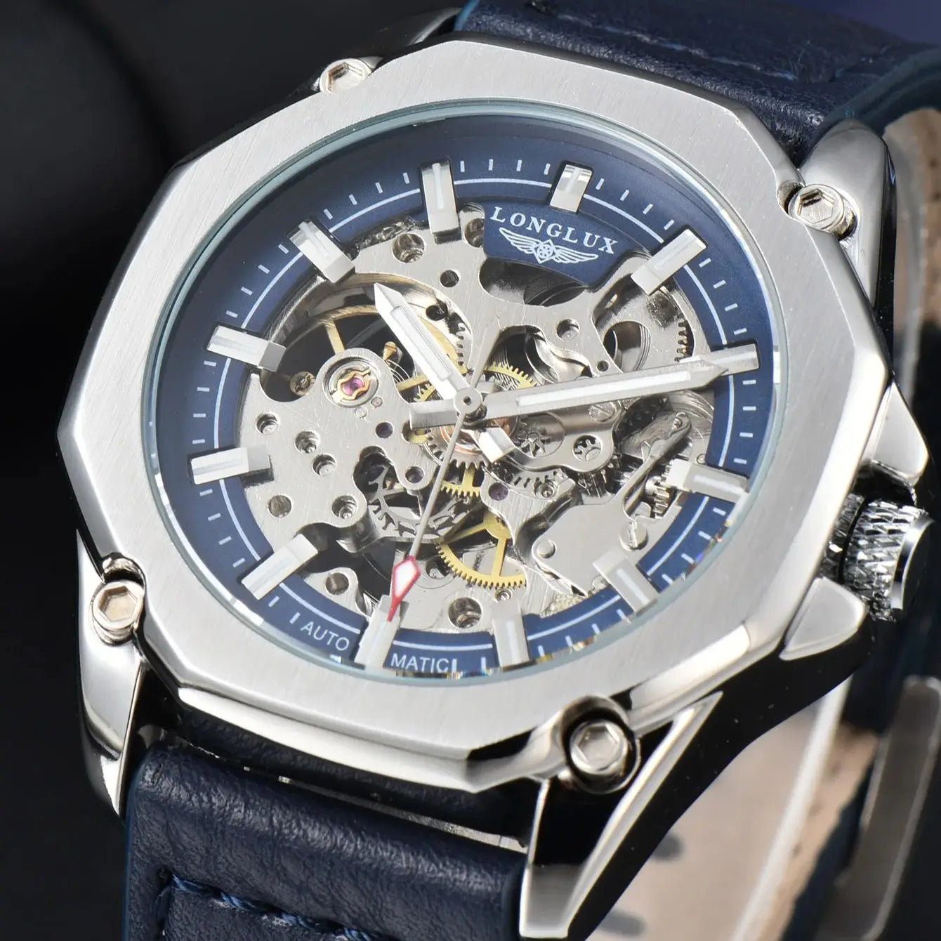 LONGLUX automatic watch sport style wholesale mechanical wristwatches fashion hollow leather mens watch men gift