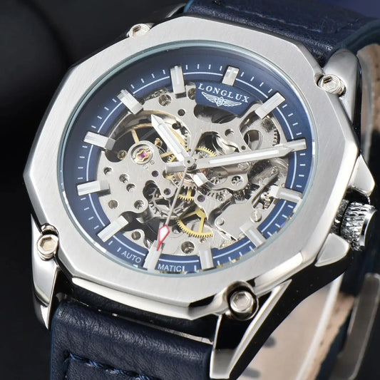 LONGLUX automatic watch sport style wholesale mechanical wristwatches fashion hollow leather mens watch men gift