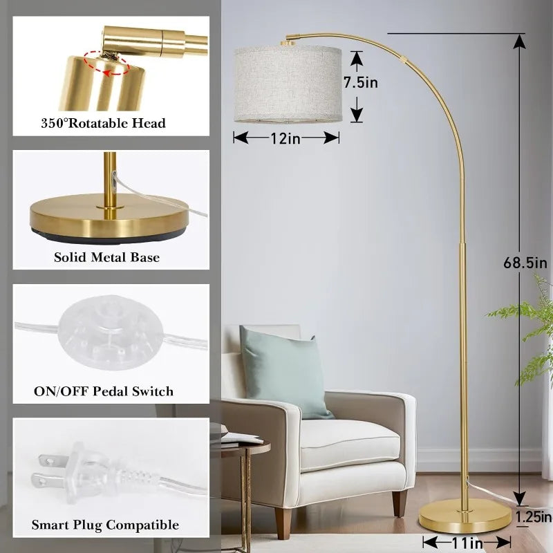 Arc Floor Lamp for Living Room with Adjustable Drum Lampshade, Modern Tall Standing Lamp with Foot Switch