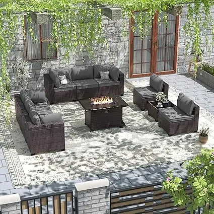 Patio Furniture Modularwith Swivel Chairs Outdoor Sectional Wicker Rattan w/Fire Pit Conversation Sofa Set for Backyard