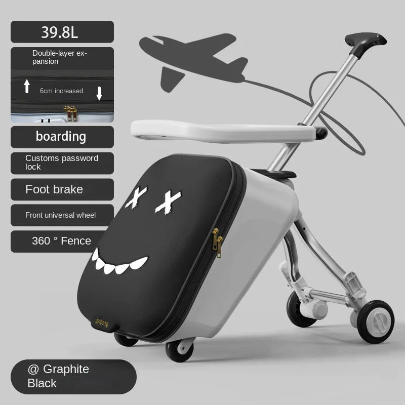 New Children's Luggage Can Sit Ride on Trolley Luggage Foldable Suitcase Brake Wheels Baby Suitcase Trip Cabin Carry-Ons