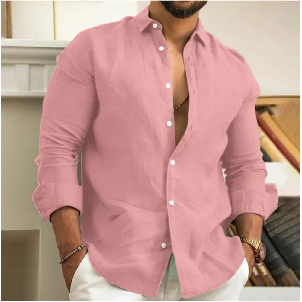 Men's Summer Beach Shirt Linen Button Up Long Sleeve Plain Lapel Spring & Summer Casual Daily Clothing