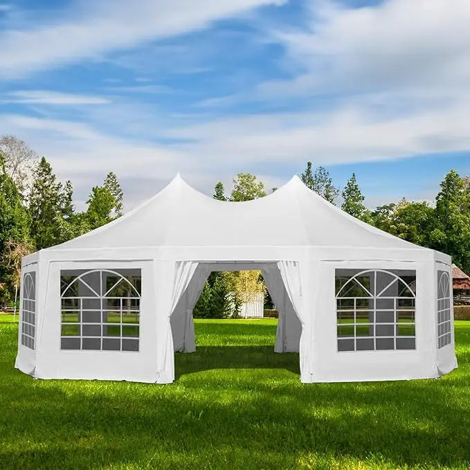 Party Tent, White Wedding Tent, Decagonal Heavy Duty Canopy with 8 Removable Sidewalls, 8 Church Windows and 2 Pull-Back Doors