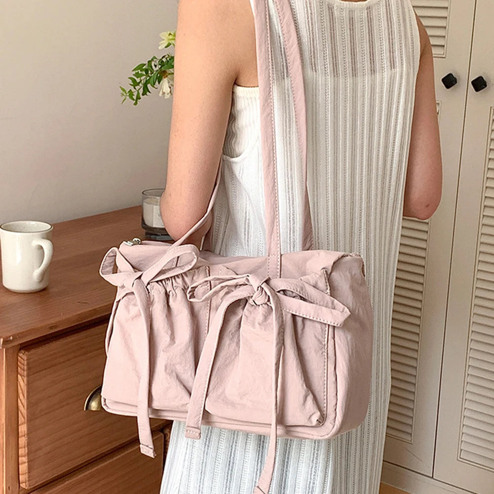 Women Fashion Shoulder Purse Zipper Closure Travel Tote Handbag Solid Color Nylon Grocery Purse Girls Outdoor Daily Bag