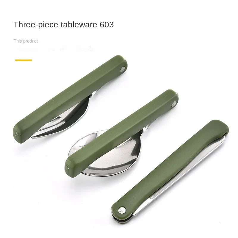 Stainless Steel Portable Folding Cutlery Set Fork Knife With Army Green Pouch Survival Camping Bag Outdoor Cutlery Container